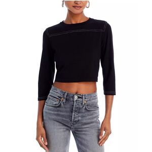 RE/DONE Cropped Varsity Tee in Black With Cream Stitch Size S